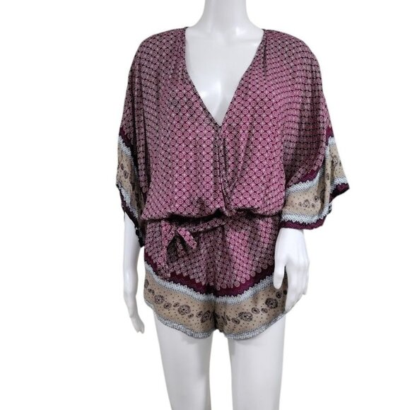 Muche & Muchette Pants - Muche & Muchette Geometric Dolman Sleeve Tie Waist Romper Red Women's One Size